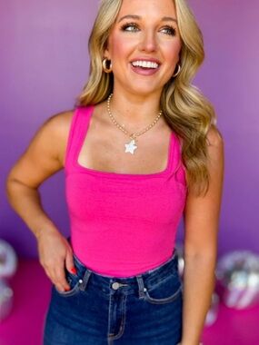 Zenana Hot Pink Square Neck Crop Tank Top - Women's Casual Tank